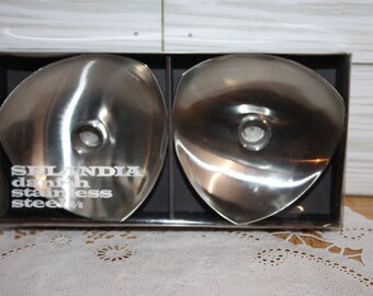 Selandia Danish stainless steel 18/8 soft triangle pair of thin taper candle holders made in Demark in original box