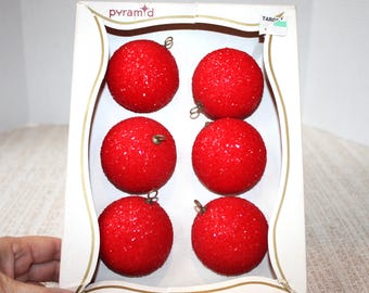6 Pyramid red sparkle unbreakable 2 3/8" ornaments in original box, 2 boxes available, vintage retro nostalgic