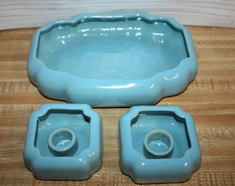 Vintage Rosemeade Pottery Set: Blue Bulb Bowl & Candle Holders