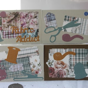 10 different small cards featuring sewing and quilting with envelopes, 4&quot; by 2 5/8&quot;, fabric, pin cushion, sewing machine, buttons