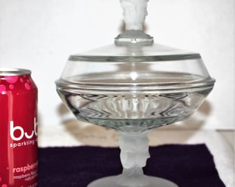 Duncan (pattern no. 400) 3 Faces 3 Graces, 3 Fates vintage clear and frosted covered compote 8" tall