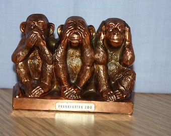 Vintage Copper Three Monkeys Souvenir - Frankfurter Zoo Germany