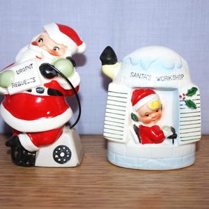 Santa Claus talking to elf at workshop via telephone vintage salt and pepper shakers, MIJ, no maker, marked 7902, good condition