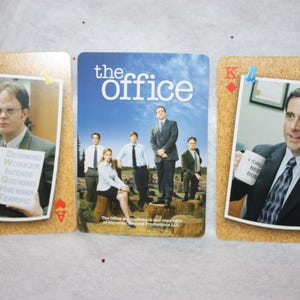 Scrap booking journal, swap trading playing cards featuring The Office TV show characters, Michael Scott, Dwight Schrute, Pam and Jim