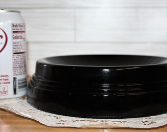 Black glass deco edge shallow bowl 8.5" base and 2.25" tall interesting vintage striking different must have