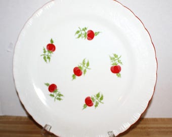 Beautiful large 12" white glass platter with embossing and red tomatoes with green leaves, circular ridges on the bottom, made in USA