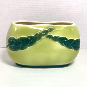 May include: A lime green ceramic planter with an oval shape and a smooth, glossy finish. The exterior features a raised, dark green embossed leaf vine pattern that wraps horizontally across the center of the vessel. The interior is cream colored.