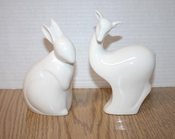 Vintage Enesco White Deer and Rabbit Figurines - 1998 Set