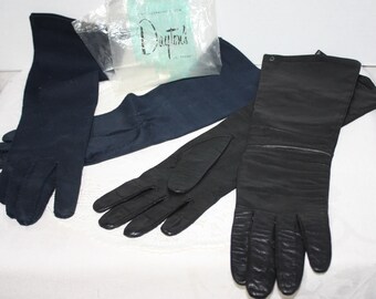 2 vintage pair of opera length gloves, black pair kid leather by Gant Jonquet France, blue pair Elvelle Royal made in USA sz 6 1/2