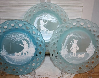 3 blue frosted Westmoreland Mary Gregory plates, choose 1 orall, signed 1981, girl with sled, girl on swing, boy fishing
