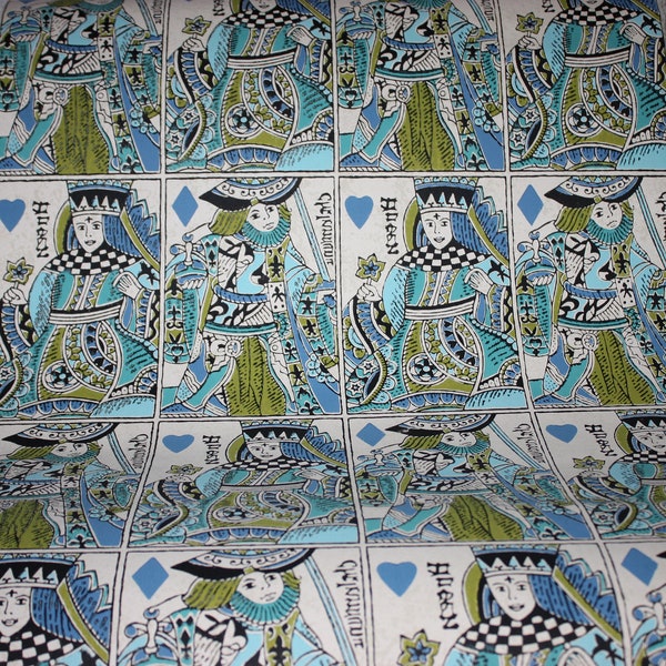 Crazy cool vintage wallpaper with the Queen of Hearts and King of Diamonds in blues and green, 20.5" wide, 1 roll