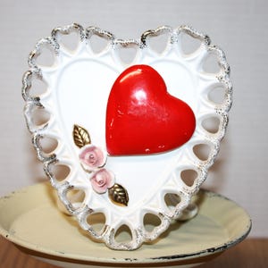 A white and a red heart romantic vintage planter from Samson Import 1960, small vase or planter Valentines gold accents