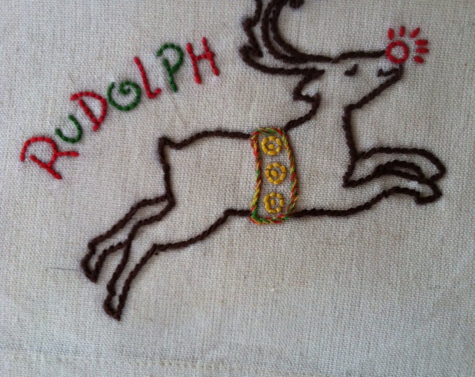 Hand Embroidered Rudolph Tea Towel Etsy