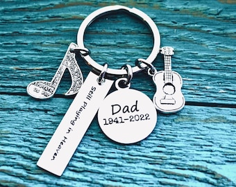 Still playing, in heaven, Acoustic guitar, Memorial, Gifts for, Bereavement, loss of loved one, Silver Keychain, Dad, Daddy, Father, Grandpa