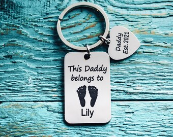 This daddy belongs to, Daddy est 2024, Dad, New Daddy Gifts, First time dad, Personalized, Gifts for, Silver Keyring, Silver Keychain