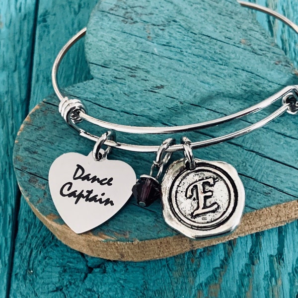 DANCE Captain, Silver Bracelet, Charm Bracelet, Cheerleader, Dance, Dancing, Dancer, Monogram, Silver Jewelry, Captain, Opening night, Gifts