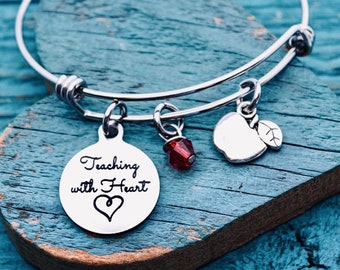 Teaching with heart, Silver Bracelet, Charm Bracelet, Gifts, Teacher, Coach, Mentor, Teaching assistant, End of year, Teacher Appreciation