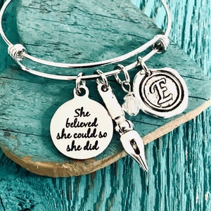 Fountain Pen Nib, Writers Jewelry, gift for writer, Pen Nib bracelet, Pen Bangle, Author, She believed she could so she did, Silver Bracelet