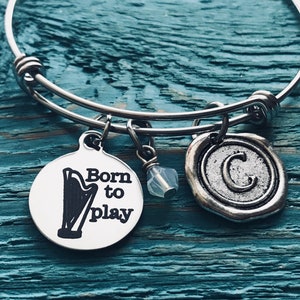 Born to play, Harp player, Harp, Irish Harp, Harpist, harpest, musician, Music, Teacher, Silver Bracelet, Charm Bracelet, Gifts for