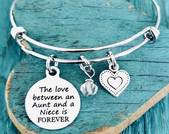 The love between, an aunt and niece, Is forever, Auntie, Aunt, Niece, Aunt Niece, Gifts for, Silver Bracelet, Charm Bracelet, Personalized