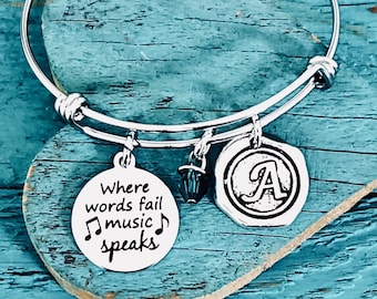 Where Words, Fail Music Speaks, MUSIC GIFT, Silver Bracelet, Music Jewelry, Music Bracelet,Band, Music teacher, Charm Bangle, gifts for