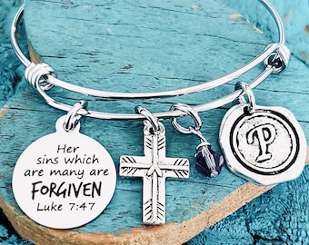 Luke 7:47, Her sins which are, many are forgiven, Scripture, Faith, healing, Sobriety, Silver Bracelet, charm Bracelet, Silver Jewelry, Gift