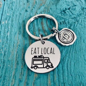 Eat local, food truck, Taco Truck, Foodie, Hipster, Owner, Chef, Mens, Silver Keychain, Silver Keyring, Engraved, Monogram, Gifts for