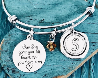 Our son gave, you his heart now, you have ours, daughter in law, Wedding Day, Welcome to the family, Gifts, Silver Bracelet, Charm Bracelet