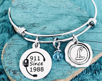 911 Since, 911 Dispatcher, 911 Operator, 911 Professional, 911 Jewelry, thin gold line, Silver Bracelet, Charm Bracelet, Retirement