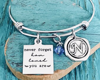 Never forget how, loved you are, Stepmom, Stepdaughter, Mom, Birth Mother, Niece, Daughter, Teen, Silver Bracelet, charm bracelet, Gifts