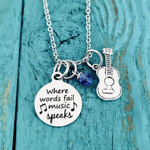 Where words fail, music speaks, Church band, Musician, Music teacher, Music, Band mom, Musical, Silver Necklace, Charm Necklace, Gifts for