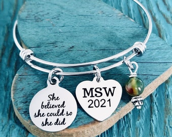 MSW, Master of Social Work, Masters degree, Social Worker, Professional Jewelry, Silver Jewelry, Graduation, Grad, Silver Bracelet, Gift for