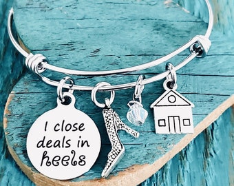 I close deals in heels, Realtor, Agent, marketing, closing, promotional, Saleswoman, Car sales, Broker, Silver Bracelet, Charm Bracelet