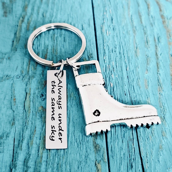 Always under, the same sky, Combat Boots, Army, Navy, Air force, son, Mom, Military, Deployment Gift, Silver Keychain, Silver Keyring, Gifts