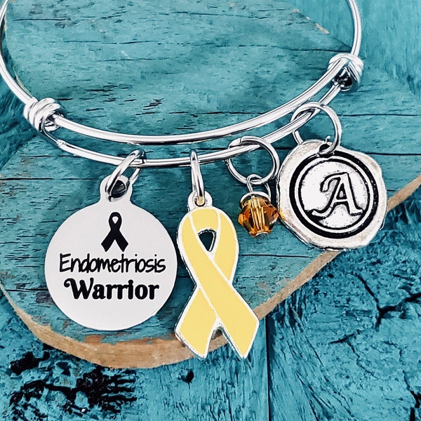 Endometriosis warrior, Endometriosis, Endo, Endometriosis support, Fighter, Yellow Ribbon, Awareness, Silver Bracelet, Charm Bracelet, Gifts