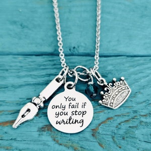 You Only Fail If ,You Stop Writing, Writer Gift, Ray Bradbury Quote, Silver Necklace, Book Quote, Writing, Author, Poet, GIfts for