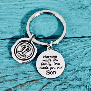 Marriage made, you OUR son, stepson, Son in Law, Step Son, Blended Family, Gifts, Silver Keychain, Silver Keyring, stainless steel, engraved