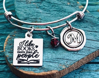 I like books more than people, Book Lover, Book Worm, Book Nerd, Teacher, Librarian, Literature, Library, Silver Bracelet, Charm Bracelet
