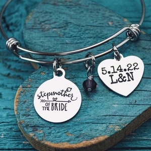 Stepmother of the Bride, Stepmother, Step Mother of Bride, Stepmom, Personalized, Silver Bracelet, Charm Bracelet, Keepsake, Gifts for