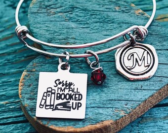 Sorry but I’m, all booked up, Book Lover, Book Worm, Book Nerd, Teacher, Librarian, Literature, Library, Silver Bracelet, Charm Bracelet