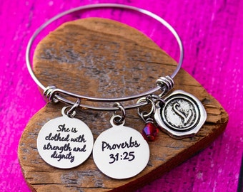 Christian, Proverbs 31:25 Scripture, Faith, Silver Bracelet, For she shall be clothed in strength and dignity, personalize, custom, healing