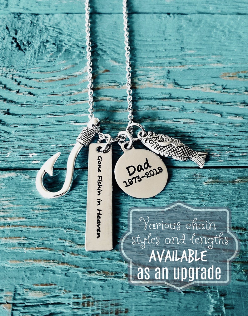 Dad loss of loved one Daddy Memorial Gift Grandfather Father Silver Necklace Bereavement Grandpa fish hook Gone fishing in heaven