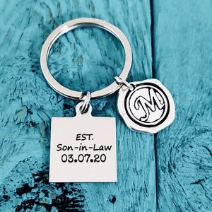 Son in law, Son in law gift, Personalized, Monogram, Est date, New Son in Law, Wedding day, Silver Keychain, Silver keyring, engraved, gifts