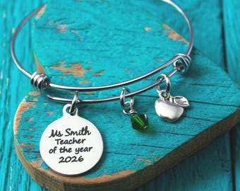 Teacher of the year, Silver Bracelet, Charm Bracelet, Gift for, Teacher, Teaching assistant, Personalized, End of year, Teacher Appreciation