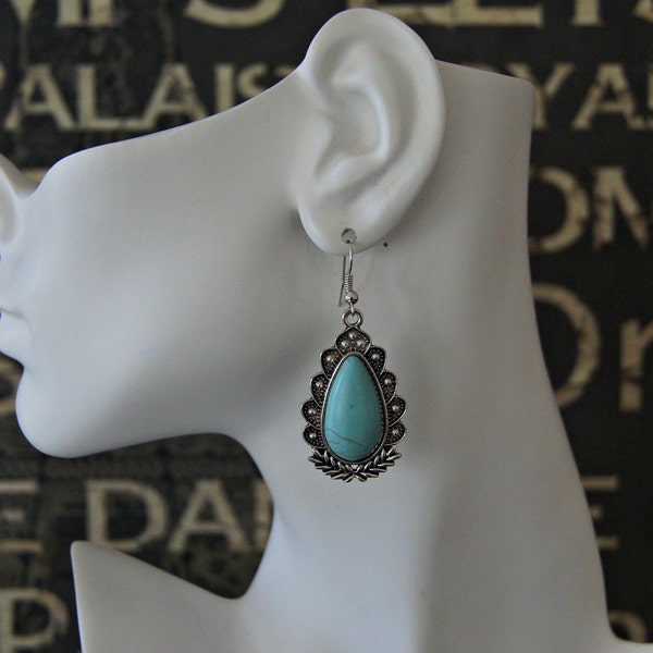 GIFT UNDER 10, Oxidized  Stone Turquoise Howlite and silver Drop Earrings, Country western, cowgirl, southwestern, rodeo