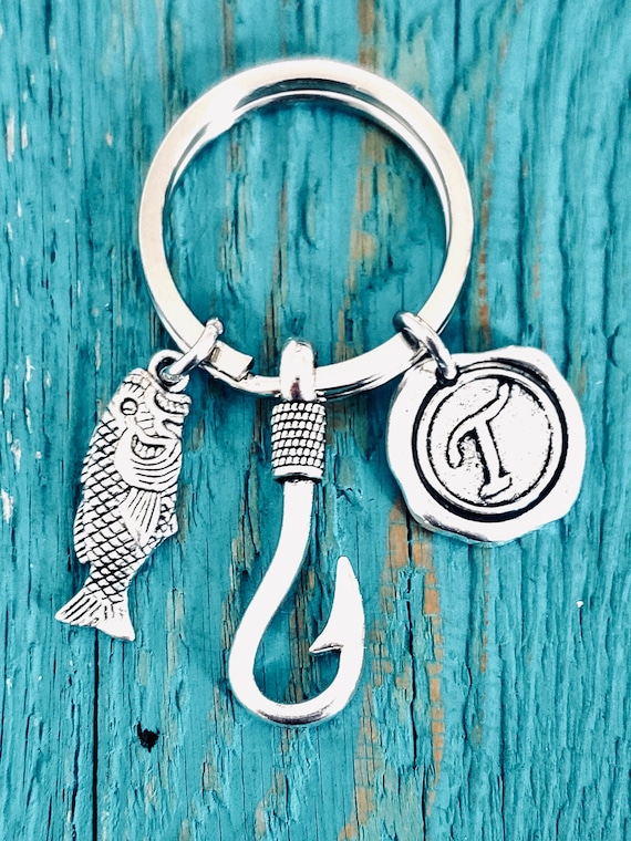 Fish Hook Keychain, Fish Keychain, Key Ring, Silver Keychain