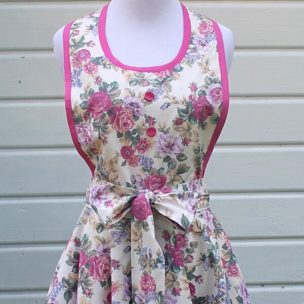 Full Apron Slip On Style Double Flounce Skirt Cream Floral Print Pinks Blues Greens