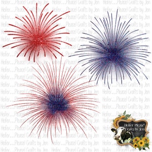 May include: Three red, white, and blue glitter fireworks with a sparkly effect. The fireworks are on a white background.