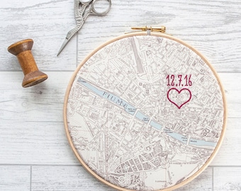 Cotton anniversary gift: Vintage map in 7" wooden hoop and embroidered with heart or house and date