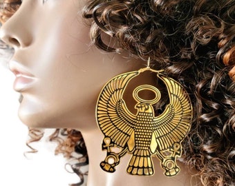 Egyptian Horus Falcon Holding Ankh Hoop Earrings, Bold Spiritual, Large Earrings